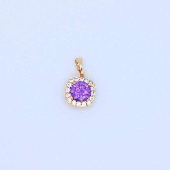 "Purple Round Stone Pendant in Gold Plated Brass with Crystal Halo, XPPT1772 - Picture 11 of 13
